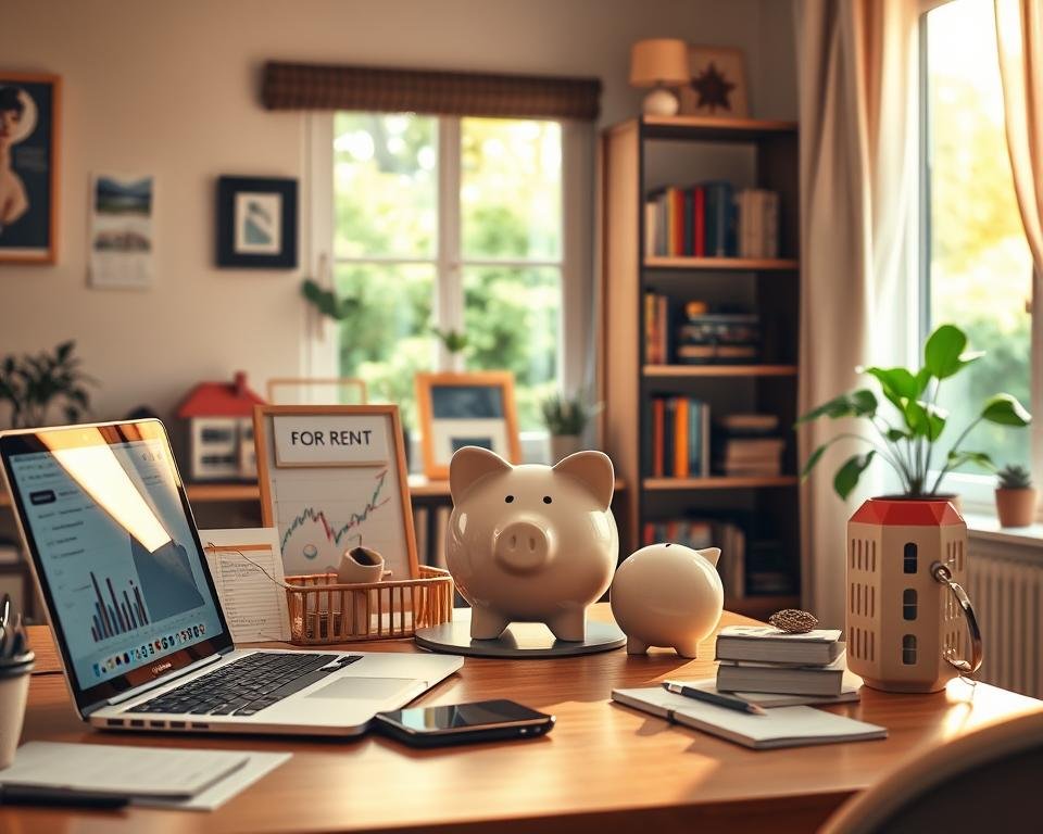 A cozy home office with a variety of passive income sources represented. In the foreground, a laptop and smartphone symbolize online courses and digital products. On the desk, a piggy bank, investment charts, and a 'for rent' sign indicate real estate and financial investments. In the middle ground, a shelf displays books, art, and crafts ready for sale. The background features a window overlooking a tranquil garden, hinting at earning from hobbies and side gigs. The room is bathed in warm, golden lighting, creating a sense of comfort and financial security. The overall atmosphere conveys a balanced, diversified approach to generating multiple streams of passive income.