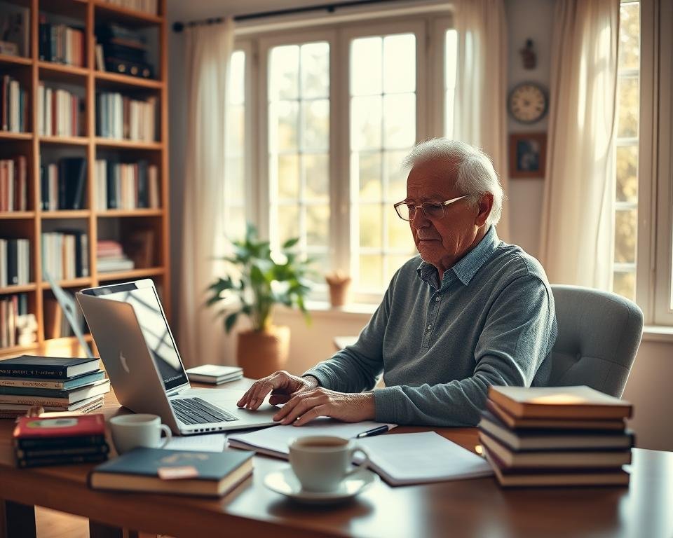 A cozy home office with an older adult sitting at a desk, intently focused on a laptop screen. The room is bathed in warm, natural lighting filtering through large windows, casting a soft glow on the desktop and bookshelves lining the walls. An array of notes, books, and a cup of tea suggests the creation of an online course or e-book. The person's expression is one of calm concentration, reflecting the rewarding process of building a new source of passive income for retirement. A sense of productivity and fulfillment permeates the scene. A cozy home office with an older adult sitting at a desk, intently focused on a laptop screen. The room is bathed in warm, natural lighting filtering through large windows, casting a soft glow on the desktop and bookshelves lining the walls. An array of notes, books, and a cup of tea suggests the creation of an online course or e-book. The person's expression is one of calm concentration, reflecting the rewarding process of building a new source of passive income for retirement. A sense of productivity and fulfillment permeates the scene.