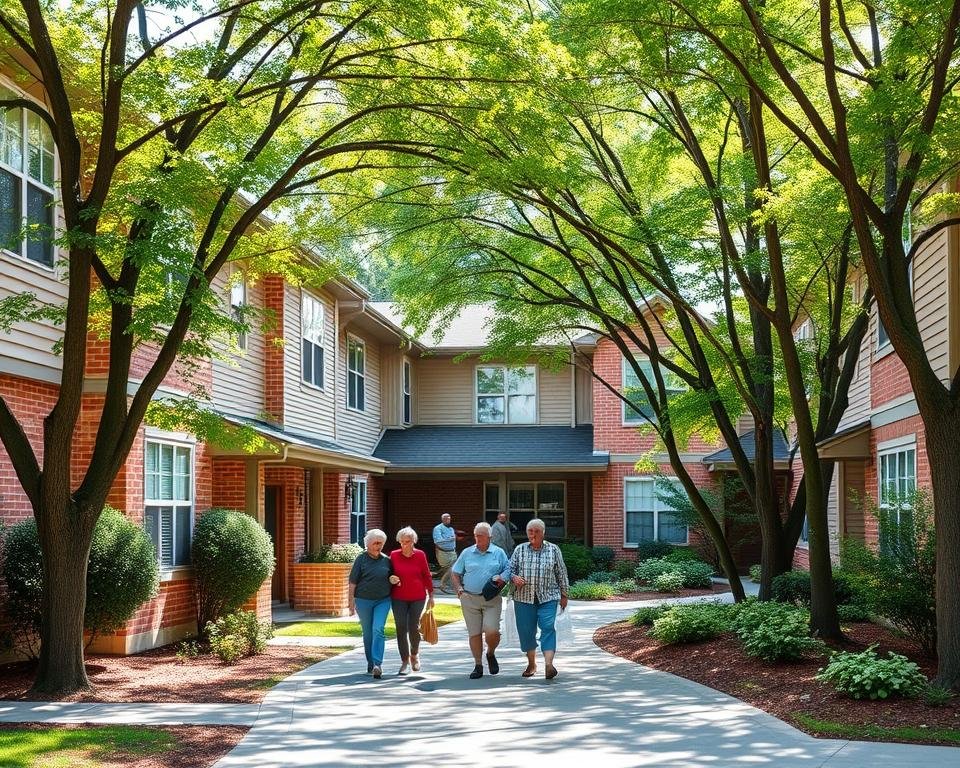 A cozy, inviting senior housing complex nestled in a serene, tree-lined neighborhood. The low-income building is designed with a warm, welcoming exterior featuring a mix of brick and siding, accented by lush greenery and well-manicured landscaping. Seniors leisurely stroll along the walkways, enjoying the peaceful atmosphere. Large windows allow natural light to flood the interiors, creating a bright and airy ambiance. The scene conveys a sense of comfortable, affordable living with ample community spaces for social interaction and support services.