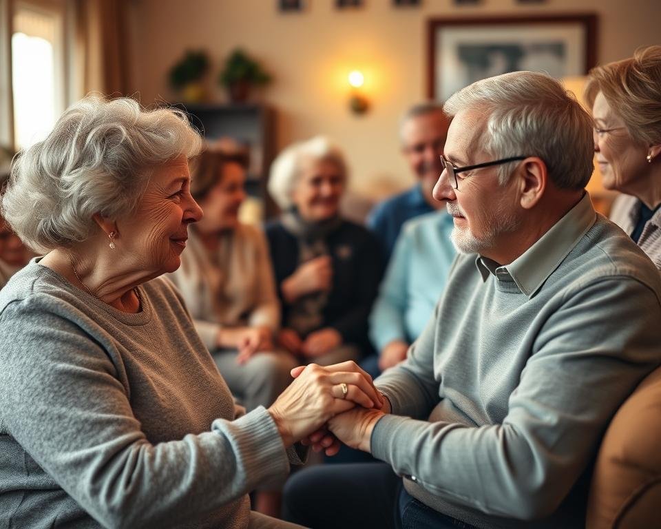 A cozy living room filled with elderly friends and family members, gathered in a supportive circle. Warm lighting casts a golden glow, highlighting the compassionate expressions on their faces as they listen intently to one another. In the foreground, an older woman holds the hand of her husband, their eyes locked in a tender moment of understanding. Beyond them, others engage in animated conversation, offering comfort and advice. The scene conveys a sense of community, togetherness, and the invaluable role of a strong support network in the lives of seniors dealing with mental health challenges.