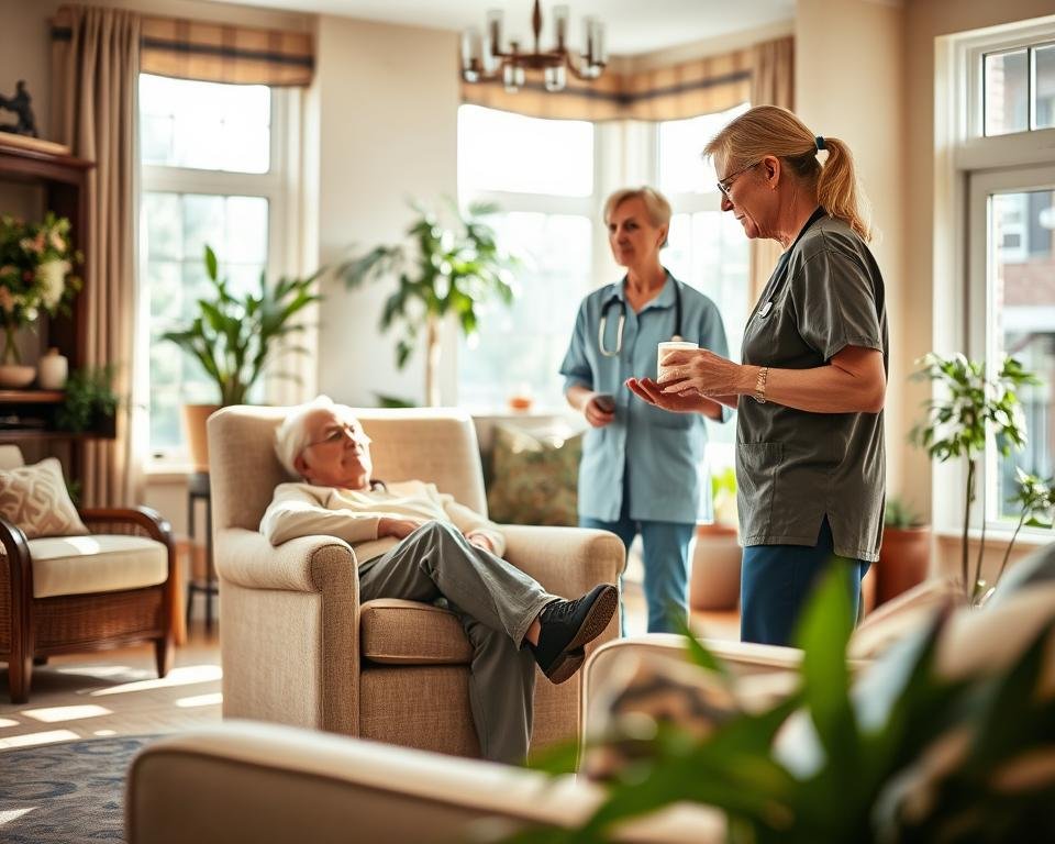 A cozy living room in a sun-lit assisted living facility, with a senior resident resting comfortably on a plush armchair. In the middle ground, a caregiver attentively checks on the resident, offering a warm beverage. The background features tasteful decor, soft textiles, and potted plants, creating a serene and inviting atmosphere. The lighting is natural, filtered through large windows, casting a gentle glow. The perspective is from a slightly elevated angle, capturing the tranquility and attentive care of the short-term respite setting.