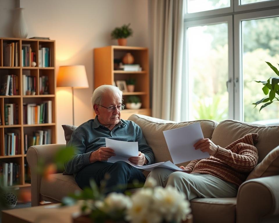 A cozy living room with a senior couple sitting on a comfortable couch, engaged in a thoughtful discussion. Soft, warm lighting casts a gentle glow, creating an atmosphere of care and contemplation. In the foreground, the couple examines documents and brochures, carefully considering their long-term care options. The middle ground features a well-organized bookshelf, hinting at the importance of research and planning. The background showcases a window overlooking a tranquil garden, symbolizing the serenity and security that comes with comprehensive long-term care planning.
