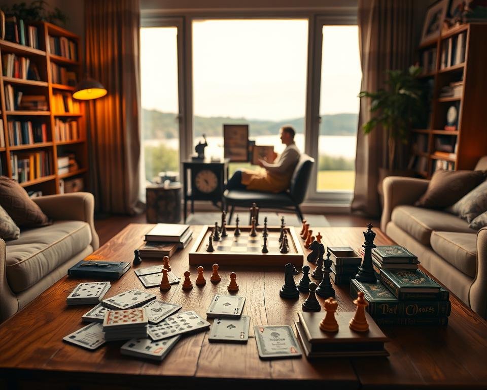 A cozy living room with a wooden table in the foreground, featuring a deck of playing cards, chess pieces, and other classic tabletop games. The middle ground showcases a bookshelf filled with strategy guides and brain-training publications. Warm, indirect lighting casts a serene ambiance, encouraging focused engagement and mental stimulation. In the background, a large window overlooks a tranquil outdoor scene, suggesting a peaceful environment conducive to cognitive exercises. The overall composition evokes a sense of intellectual curiosity and the pursuit of mental agility through timeless, engaging activities.