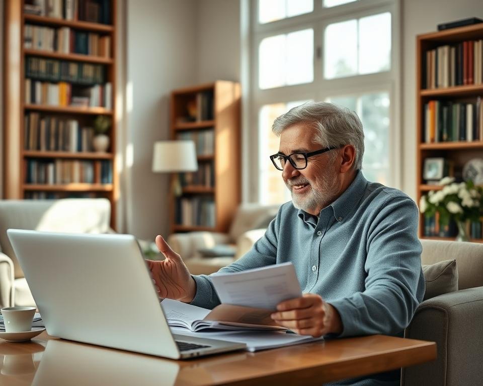 A cozy living room with natural lighting streaming through large windows, highlighting a senior couple seated at a table, carefully reviewing financial documents and discussing their retirement plan. The husband, glasses perched on his nose, gestures towards a laptop screen, while his wife, a warm smile on her face, takes notes. Bookshelves line the walls, creating a sense of wisdom and experience. The room is adorned with subtle touches of luxury, such as a plush armchair and a vase of fresh flowers, conveying a sense of financial security and well-being. The overall mood is one of thoughtful contemplation and careful planning for the future.