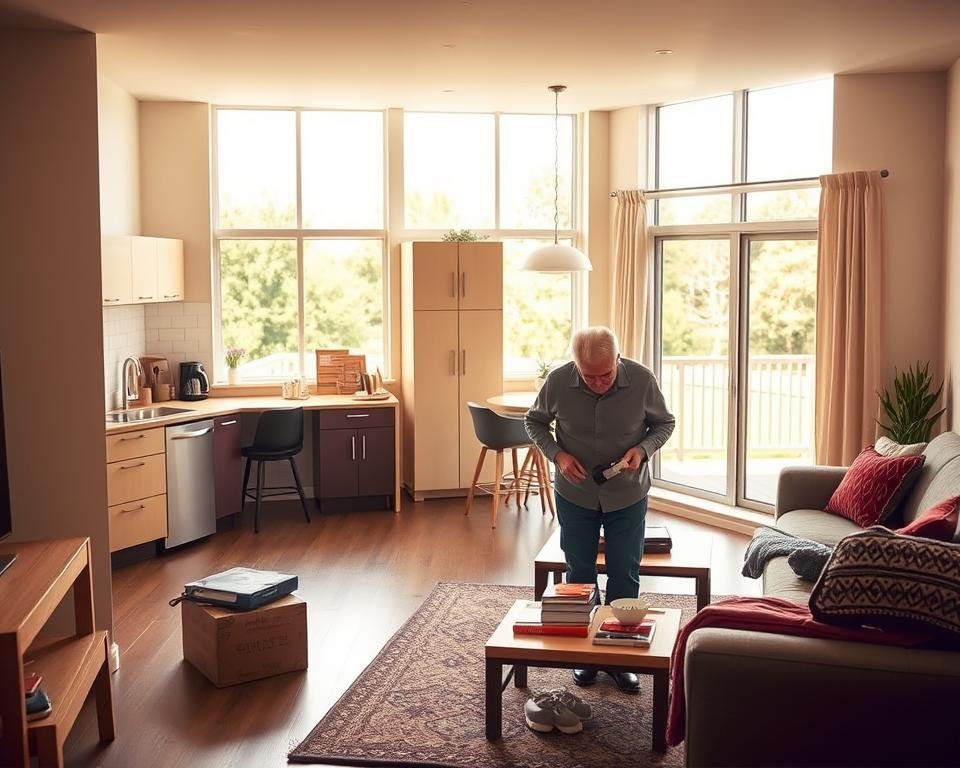 A cozy senior living apartment with an open floor plan, bathed in warm, natural lighting from large windows. In the foreground, an elderly couple carefully arranging their favorite belongings, downsizing with care and intention. In the middle ground, a modern, minimalist kitchenette and a comfortable living area, optimized for easy mobility. The background showcases a serene, park-like view, hinting at the tranquil community waiting outside. The overall atmosphere evokes a sense of contentment, security, and a new chapter in the lives of these aging adults.