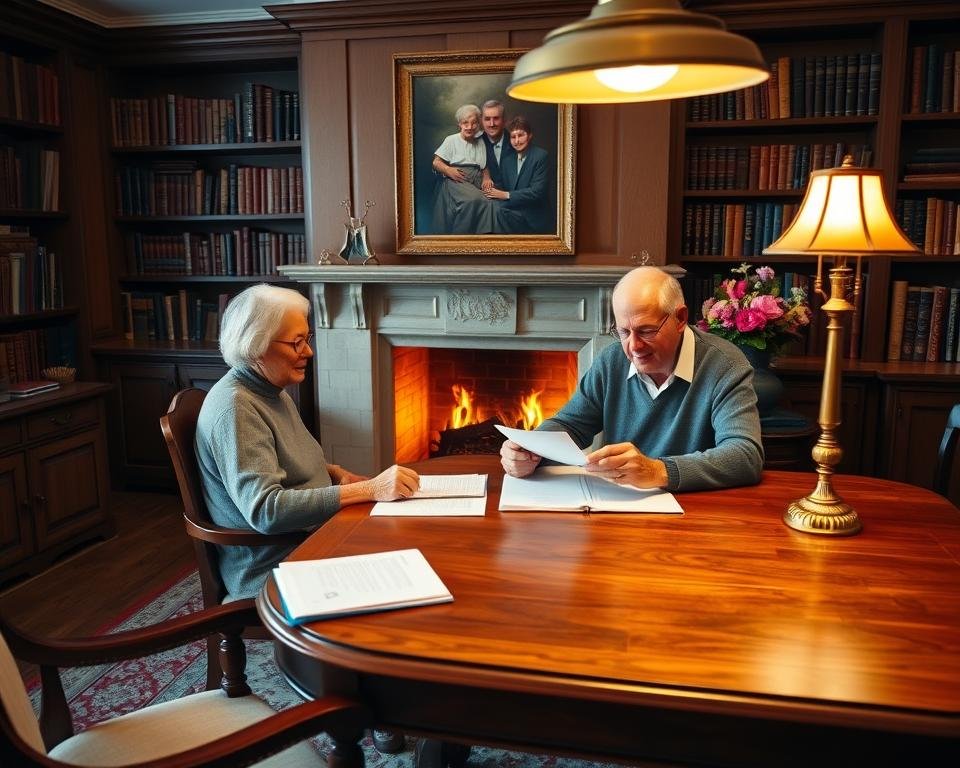 A cozy study with antique mahogany furniture, a warm fireplace, and bookshelves lining the walls. A senior couple sits at a large oak desk, poring over documents and discussing their estate planning strategies. Soft lighting from a brass lamp casts a gentle glow, creating an atmosphere of thoughtful contemplation. In the background, a framed family portrait and a vase of fresh flowers suggest the importance of legacy and personal affairs. The scene conveys a sense of security, wisdom, and responsible preparation for the future.