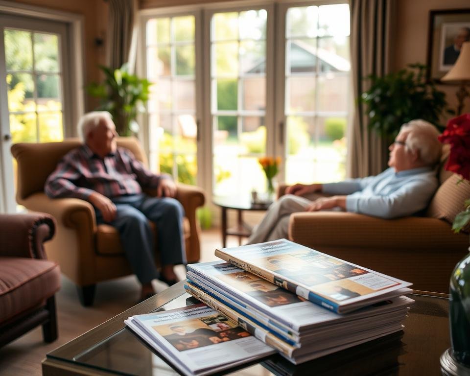 A cozy, sun-dappled living room with an elderly couple relaxing in comfortable armchairs. In the background, a window overlooks a well-tended garden, suggesting the comfort and independence of aging in place. In the foreground, a stack of brochures on senior housing options rests on a side table, hinting at the tough decisions facing the couple. The lighting is warm and inviting, capturing the serenity of their home, while the presence of the brochures evokes the need to thoughtfully consider their future housing needs. The scene conveys a sense of contemplation and the balance between the desire for continued independence and the practical realities of growing older.