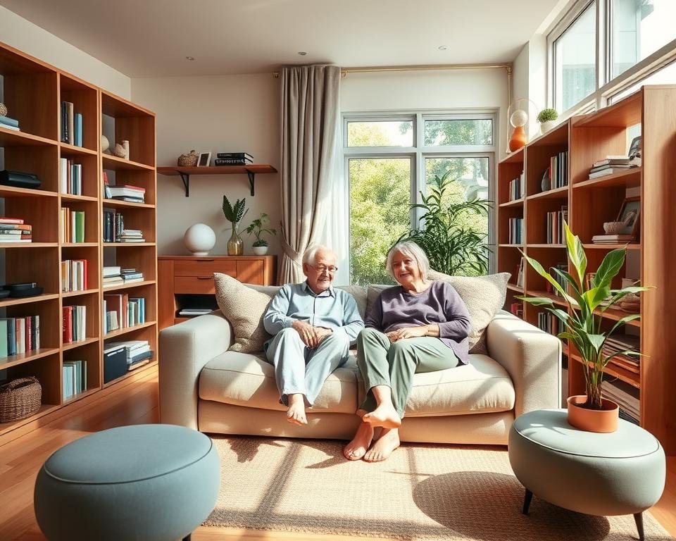 A cozy, sun-drenched living room with a retired couple seated on a plush, minimalist sofa, surrounded by neatly organized bookshelves and storage solutions that maximize the compact space. The room's warm, earthy tones and natural wood accents create a sense of tranquility, while large windows allow ample natural light to flood the space. A potted plant adds a refreshing touch, complementing the serene atmosphere. The couple appears relaxed and content, embodying the benefits of downsizing - a simpler, more manageable lifestyle that allows them to enjoy their golden years with ease.