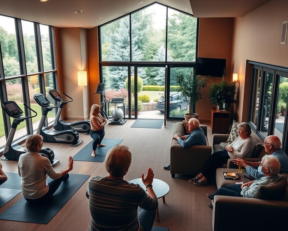 A cozy, well-appointed community center in a serene age-restricted retirement village. Warm lighting illuminates a modern fitness center with state-of-the-art equipment, surrounded by floor-to-ceiling windows overlooking a lush, meticulously landscaped garden. In the foreground, a group of seniors engage in a gentle yoga session, while in the middle ground, others gather in a plush lounge area, chatting over cups of tea. The atmosphere is one of tranquility and camaraderie, reflecting the comfort and amenities designed to cater to the unique needs and lifestyles of active older adults.