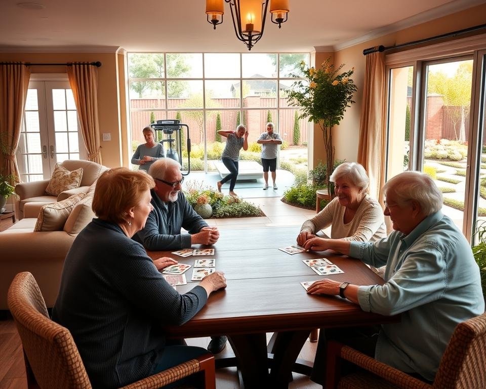 A cozy, well-lit assisted living community, filled with vibrant amenities that cater to an active senior lifestyle. In the foreground, a group of residents engaged in a lively game of cards at a wooden table, their faces alight with laughter and camaraderie. Beyond, a spacious common area with plush seating and large windows that flood the space with warm, golden light. In the middle ground, a state-of-the-art fitness center where seniors can be seen stretching and exercising, their movements graceful and purposeful. In the background, a serene outdoor garden with lush greenery, winding pathways, and tranquil water features, providing a peaceful respite for the residents to enjoy.