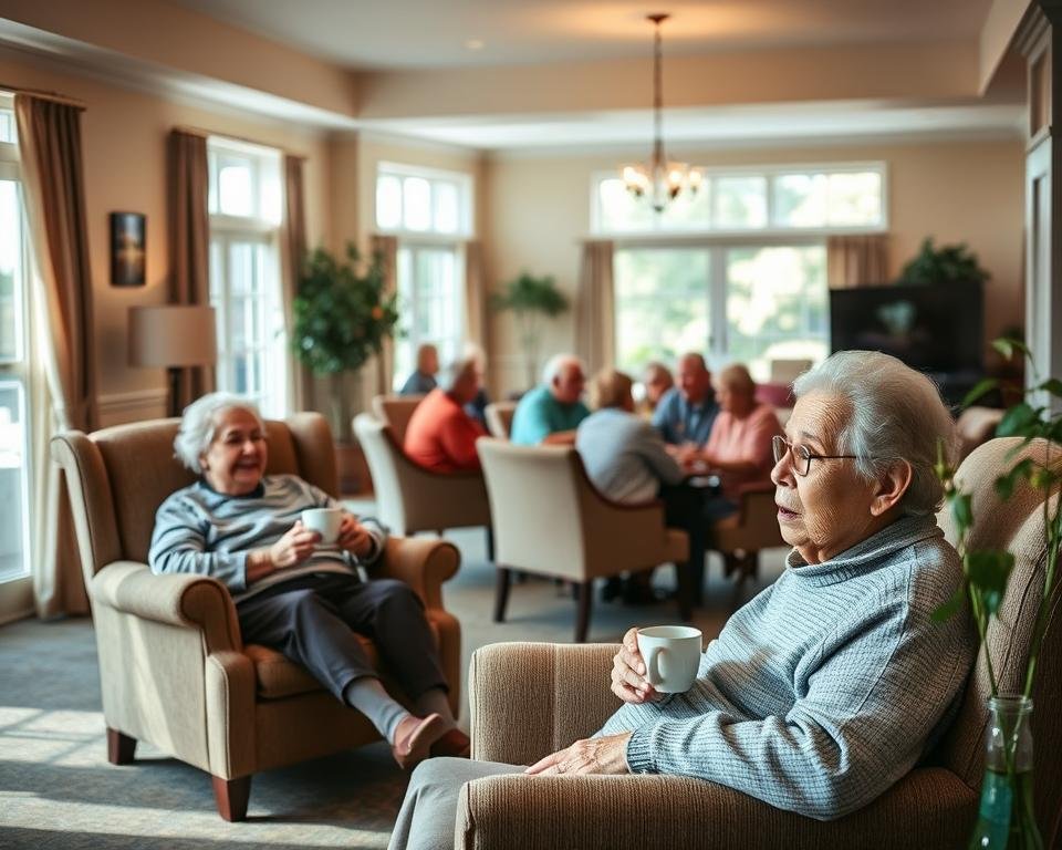 A cozy, well-lit assisted living facility with a warm, inviting atmosphere. In the foreground, an elderly resident relaxes comfortably in a plush armchair, enjoying a cup of tea. The middle ground features a group of residents engaged in a lively game of cards, fostering a sense of community. The background showcases a well-appointed common area with natural light streaming through large windows, creating a tranquil and serene environment. The overall scene conveys a sense of short-term respite, where residents can find comfort, care, and engagement during their stay.