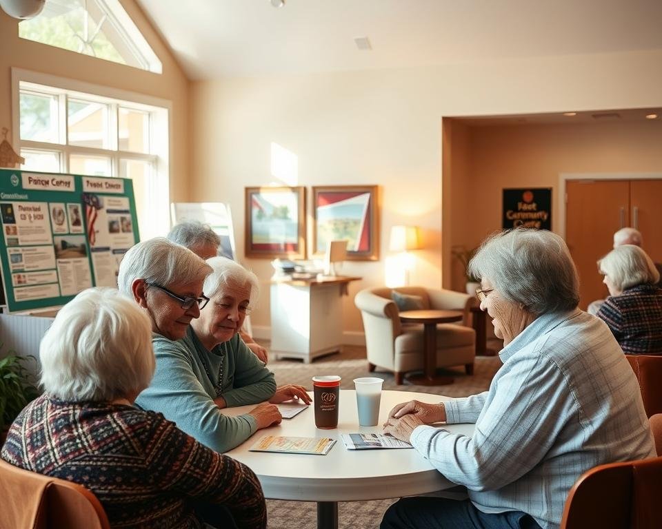 A cozy, well-lit community center with senior-friendly amenities. In the foreground, a group of elderly residents gather around a table, discussing financial assistance programs. The middle ground features an information desk with brochures and a bulletin board showcasing various support services. In the background, a warm, inviting lounge area with comfortable seating and subtle decorative touches. Soft, natural lighting filters in through large windows, creating a welcoming atmosphere. The scene conveys a sense of community, accessibility, and resources tailored to the needs of low-income seniors.