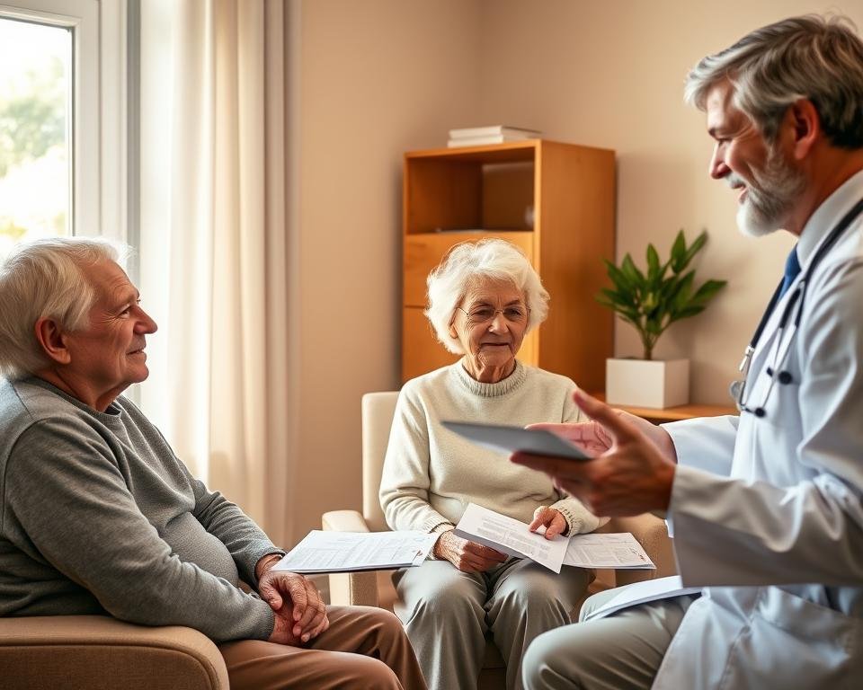 A cozy, well-lit doctor's office featuring a senior couple discussing healthcare savings strategies with a friendly physician. The retirees sit attentively, expressions conveying a sense of trust and understanding. The doctor gestures emphatically, highlighting informative pamphlets and documents on the desk. Warm, natural lighting filters through the window, creating a calming, reassuring atmosphere. The room is tastefully decorated with soothing colors and simple, modern furnishings, reflecting a professional, yet personalized medical setting. The overall scene communicates the importance of proactive healthcare management and the valuable guidance available to retirees seeking to optimize their healthcare savings.