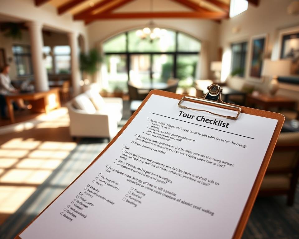A cozy, well-lit independent living community with a warm, welcoming atmosphere. In the foreground, a detailed checklist on a clipboard, its pages neatly organized with relevant questions to ask during a tour. The middle ground showcases a modern, inviting common area with comfortable seating, natural lighting, and a sense of community. In the background, glimpses of other amenities like a dining room, fitness center, and outdoor gardens, all captured through a slightly narrow depth of field to focus attention on the central checklist. The overall mood is one of thoughtful consideration, with the checklist guiding the viewer through the key factors to evaluate when choosing the right independent living community.