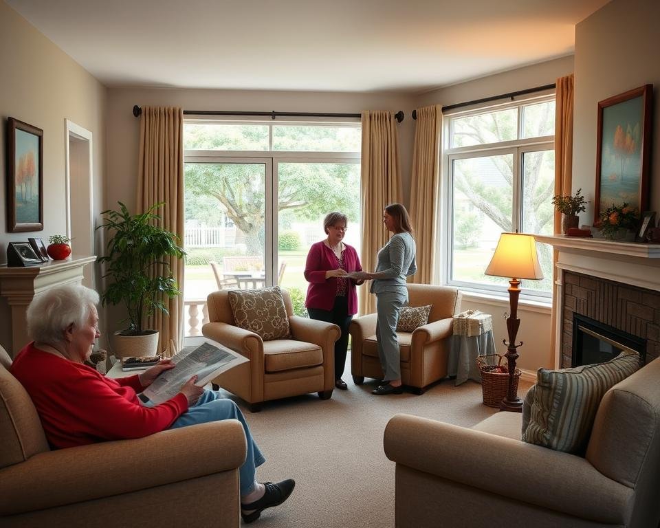 A cozy, well-lit interior of a modest senior housing apartment, featuring a comfortable living room with plush armchairs, a warm fireplace, and large windows overlooking a lush, tree-lined courtyard. The space conveys a sense of security, community, and dignity, with subtle, tasteful decor and ample natural light. In the foreground, an elderly resident sits reading a newspaper, while in the middle ground, a social worker discusses paperwork with another senior. The overall atmosphere is one of quiet contentment, suggesting the positive impact of accessible, affordable housing assistance programs.