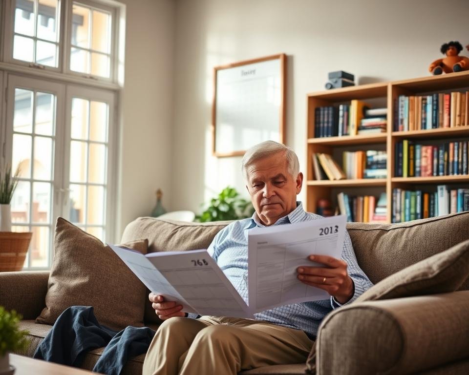 A cozy, well-lit living room with ample natural lighting from large windows. In the foreground, an elderly couple sitting on a comfortable sofa, deep in conversation. The man is reviewing financial documents while the woman looks on attentively. Framed on the wall behind them, a calendar showcasing the current month and year, symbolizing their preparedness for the future. In the background, a bookshelf filled with financial guides and retirement planning resources. The overall atmosphere is one of calm, contemplation, and thoughtful planning for their golden years and aging in place.