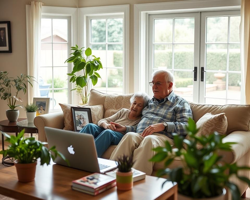 A cozy, well-lit living room with large windows overlooking a manicured backyard. An elderly couple sits comfortably on a plush sofa, discussing plans for their home-sharing venture. The room is tastefully decorated with family photos and plants, creating a warm, inviting atmosphere. A laptop on the coffee table suggests the couple is exploring home rental platforms. Soft, natural lighting filters in, highlighting the couple's serene expressions as they consider this new chapter of generating retirement income from their cherished home.