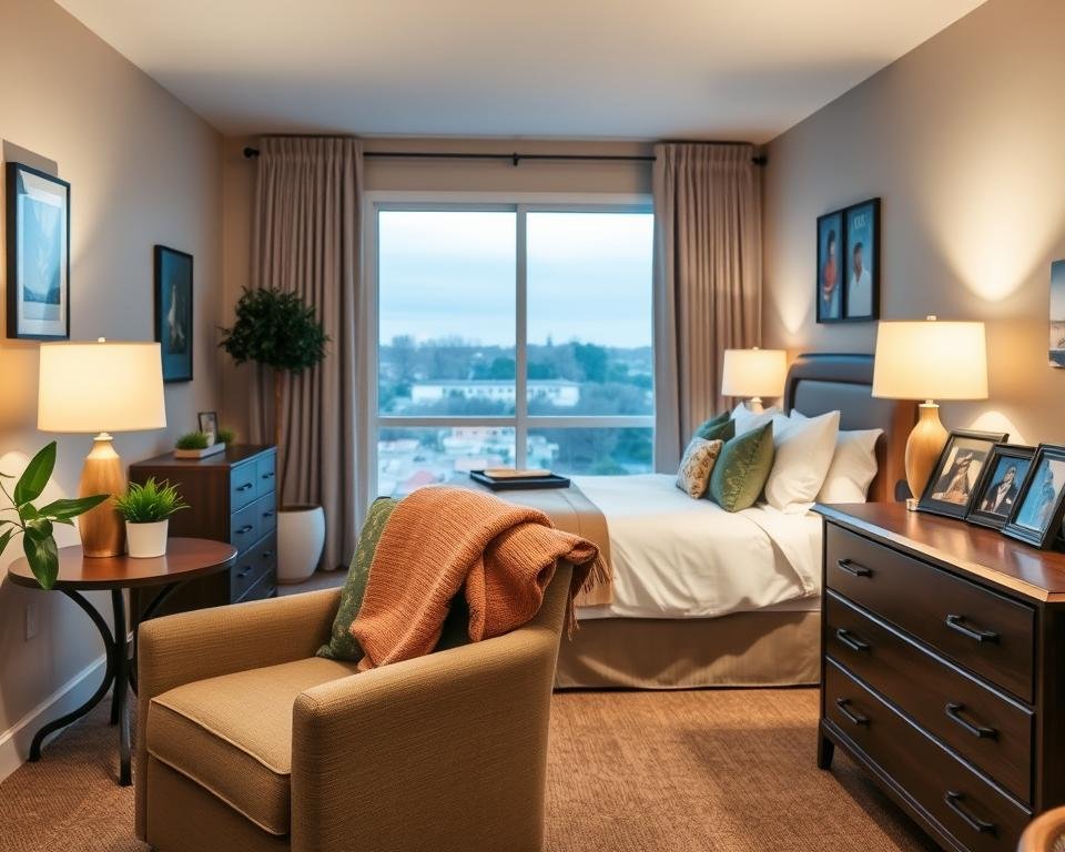 A cozy, well-lit senior living apartment showcasing personalized touches. In the foreground, a comfortable armchair and side table with a reading lamp, a throw blanket, and a potted plant. In the middle ground, a neatly made bed with plush bedding and decorative pillows, alongside a dresser with framed family photos. The background features a large window overlooking a tranquil outdoor scene, allowing natural light to flood the space. The overall atmosphere is warm, inviting, and tailored to the resident's individual preferences and needs, creating a sense of home and independence.
