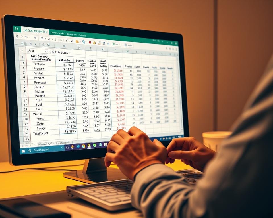 A desktop computer with a spreadsheet software open, displaying financial calculations and projections related to social security benefits. The user's hands are visible, input data into the cells. Warm, focused lighting illuminates the workspace, creating a sense of diligence and concentration. The background is a clean, minimalist office setting with subtle textures, hinting at the serious nature of the task at hand. The overall composition conveys a professional, analytical approach to understanding one's social security entitlements and retirement planning.