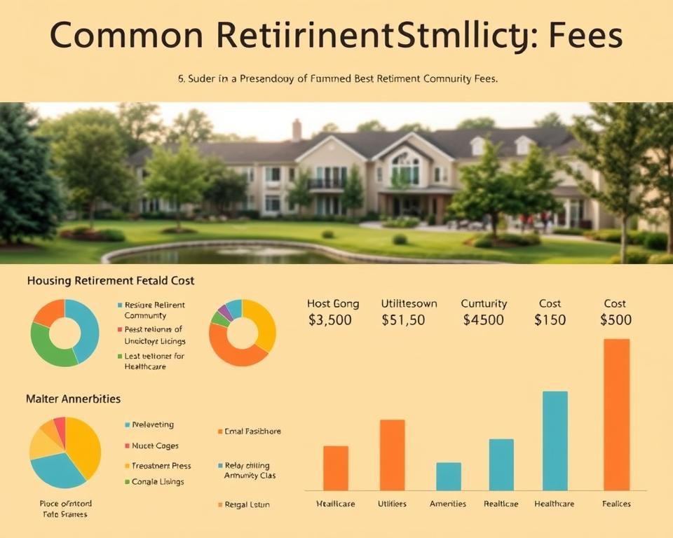 A detailed breakdown of common retirement community fees presented in a clear, data-driven infographic. A warm, inviting color palette with a light, airy atmosphere. The foreground features a series of neatly organized pie charts and bar graphs illustrating the various cost categories, such as housing, utilities, amenities, and healthcare. The middle ground showcases a modern, well-appointed retirement community in the background, with lush greenery and a tranquil pond. Soft, natural lighting illuminates the scene, creating a sense of comfort and security. The overall composition conveys a sense of financial transparency and attainable retirement living.