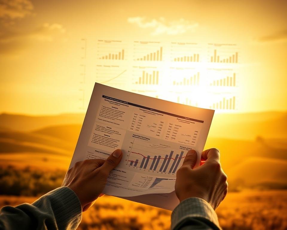A detailed financial planning analysis against a warm, golden-hued backdrop. In the foreground, a pair of hands reviewing retirement documents, representing the personal nature of social security and Medicare decisions. The middle ground features an array of charts, graphs, and calculations, conveying the complexity of navigating these programs. In the background, a serene landscape with rolling hills and a distant horizon, symbolizing the long-term outlook. Soft, directional lighting casts gentle shadows, creating depth and a contemplative mood. The overall composition conveys the gravity and importance of retirement planning for social security and Medicare.