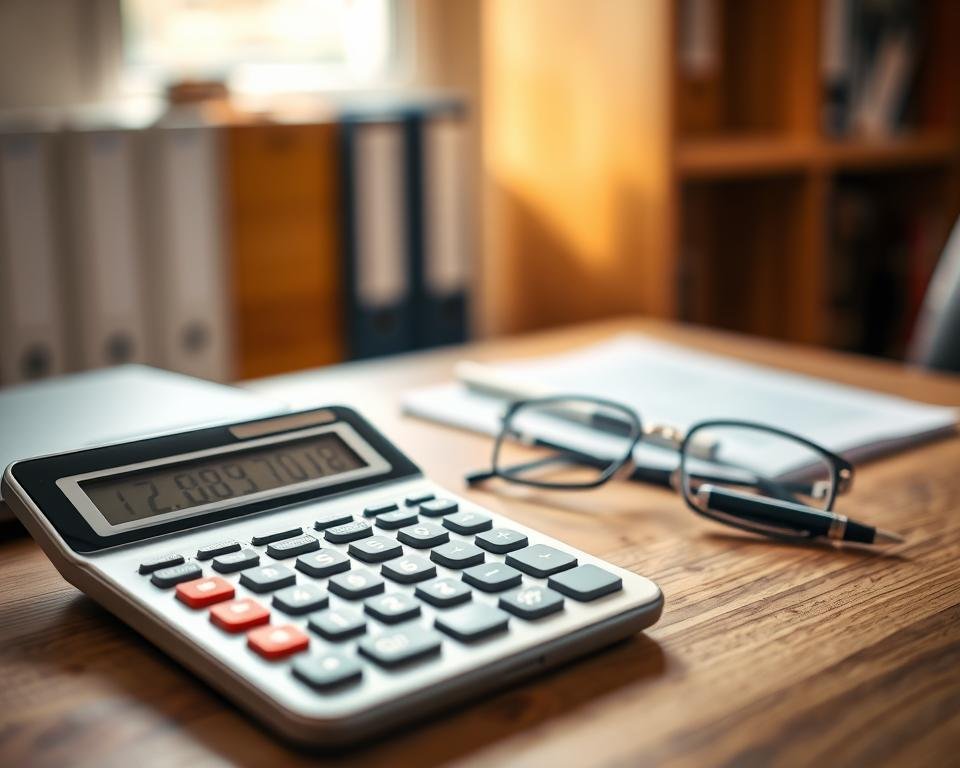 A detailed, high-resolution image of a retirement planning calculator on a wooden desk, with a soft, warm lighting simulating natural daylight. The calculator has a sleek, modern design, with a clear display and intuitive user interface. In the middle ground, a pair of eyeglasses and a pen rests next to the calculator, suggesting the thoughtful, analytical process of retirement planning. The background features a subtle, blurred office setting, with bookshelves or filing cabinets, conveying a sense of professionalism and expertise. The overall mood is one of calm, focus, and the importance of carefully considering one's financial future.