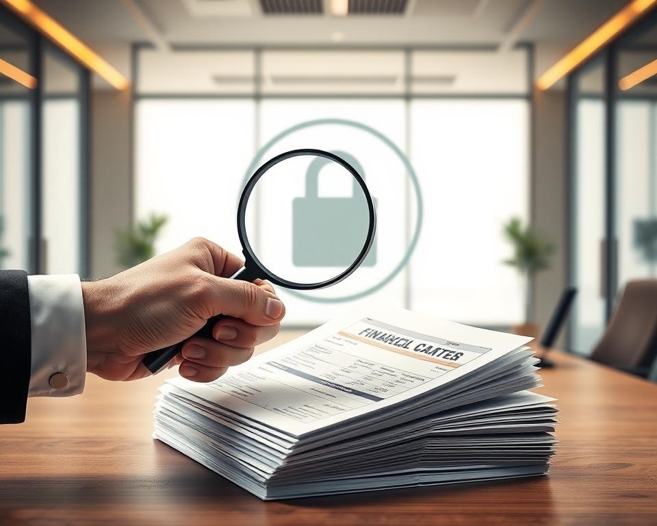 A detailed, high-resolution image of financial fraud protection. In the foreground, a strong hand holding a magnifying glass examines a stack of financial documents, scrutinizing them for any signs of tampering or irregularities. In the middle ground, a sturdy lock symbol and shield icon represent the secure safeguarding of financial information. The background depicts a modern office setting with a sleek, minimalist aesthetic, emphasizing the importance of diligence and vigilance in protecting against financial scams. The lighting is warm and directional, creating a sense of focus and intensity, while the camera angle is slightly elevated to convey a sense of authority and professionalism.