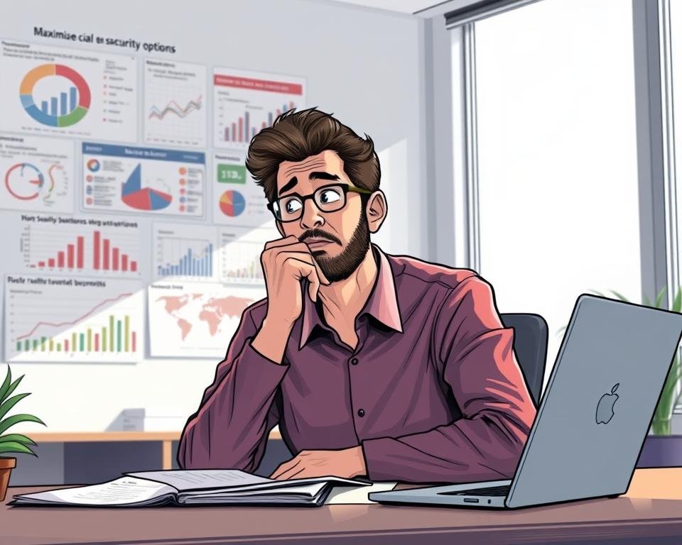 A detailed illustration of a person contemplating their social security options, with a pensive expression and charts/graphs in the background. The scene is set in a modern, well-lit office space, with a large window providing natural lighting. The focal point is the person, sitting at a desk, papers and a laptop in front of them, deep in thought about maximizing their social security benefits. The background features a wall covered in infographics and data visualizations, providing context and information. The overall mood is one of careful consideration and strategic planning, conveying the importance of making informed decisions about retirement benefits.