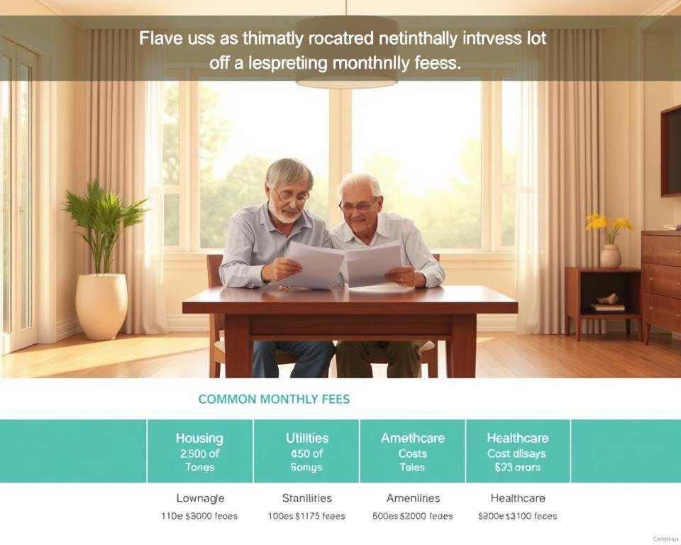 A detailed illustration of the key factors influencing monthly fees in retirement communities. Set in a tranquil and modern retirement home interior, featuring an elderly couple reviewing financial documents at a polished wood table, with sunlight streaming through large windows. In the background, a visual breakdown of common fee components like housing, utilities, amenities, and healthcare costs. Rendered in a warm, inviting color palette with a focus on clarity and informative design.