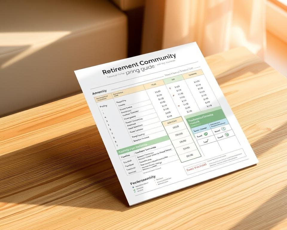 A detailed, informative retirement community pricing guide displayed on a clean, wooden table. The guide features a well-organized layout with clear pricing breakdowns, amenity lists, and visual icons to quickly convey key information. Warm, natural lighting casts a soft glow, creating a serene and inviting atmosphere. The guide is the focal point, surrounded by a minimalist background that allows the content to shine. Subtle textures and muted colors complement the overall aesthetic, conveying a sense of professionalism and trustworthiness. The image effectively communicates the benefits of understanding monthly fees in retirement communities.