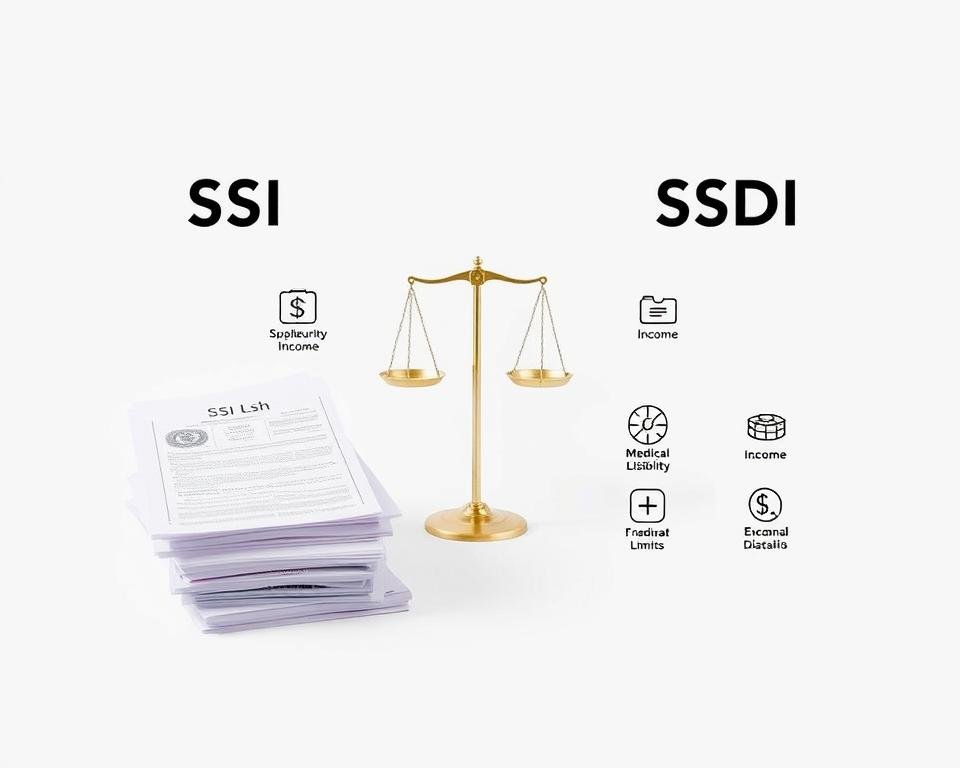 A detailed side-by-side comparison of SSI (Supplemental Security Income) and SSDI (Social Security Disability Insurance) displayed on a clean white background. In the foreground, two separate stacks of documents, one representing SSI and the other SSDI, with distinct icons and labels highlighting their key differences. In the middle ground, a balanced scale, symbolizing the evaluation process, flanked by icons denoting medical eligibility, income limits, and other distinguishing criteria. The background features a subtle grid pattern, lending a sense of structure and organization to the visual representation of these two government assistance programs. A detailed side-by-side comparison of SSI (Supplemental Security Income) and SSDI (Social Security Disability Insurance) displayed on a clean white background. In the foreground, two separate stacks of documents, one representing SSI and the other SSDI, with distinct icons and labels highlighting their key differences. In the middle ground, a balanced scale, symbolizing the evaluation process, flanked by icons denoting medical eligibility, income limits, and other distinguishing criteria. The background features a subtle grid pattern, lending a sense of structure and organization to the visual representation of these two government assistance programs.