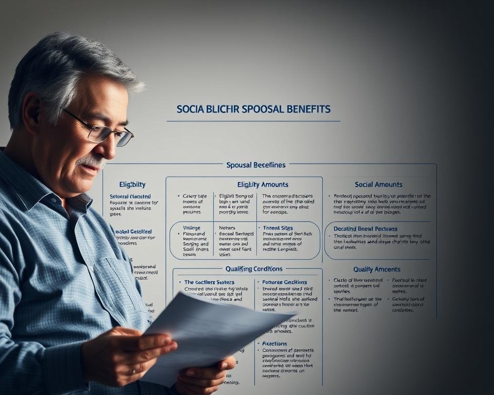 A detailed, technical illustration of the key rules and guidelines governing spousal benefits in the US Social Security system. The foreground depicts a middle-aged couple reviewing documents, with expressions of focused contemplation. The middle ground shows a concise, neatly organized infographic outlining the eligibility criteria, benefit amounts, and qualifying conditions. The background features a soft, muted color palette with subtle gradients, creating a sense of authority and professionalism. Dramatic, directional lighting casts shadows that accentuate the infographic's clarity. The overall tone is informative, authoritative, and visually appealing, tailored to educate readers on the common myths and misconceptions surrounding spousal benefits. A detailed, technical illustration of the key rules and guidelines governing spousal benefits in the US Social Security system. The foreground depicts a middle-aged couple reviewing documents, with expressions of focused contemplation. The middle ground shows a concise, neatly organized infographic outlining the eligibility criteria, benefit amounts, and qualifying conditions. The background features a soft, muted color palette with subtle gradients, creating a sense of authority and professionalism. Dramatic, directional lighting casts shadows that accentuate the infographic's clarity. The overall tone is informative, authoritative, and visually appealing, tailored to educate readers on the common myths and misconceptions surrounding spousal benefits.