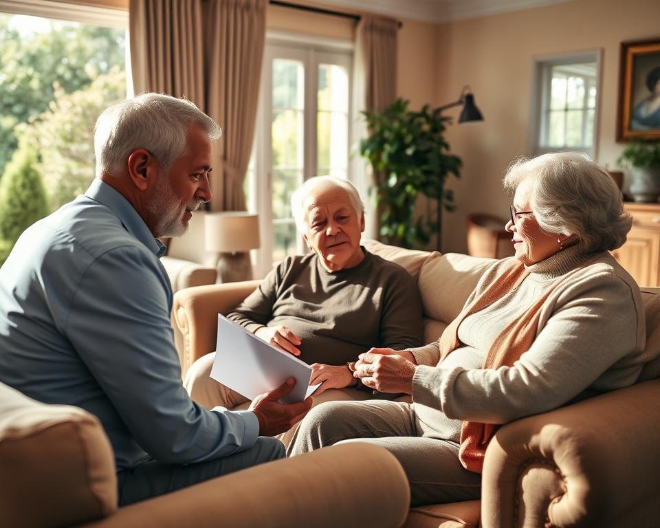 A detailed wide-angle view of a senior couple discussing reverse mortgage options with a financial advisor in a warm, sunlit living room. The couple is seated comfortably on a plush sofa, reviewing paperwork and listening intently, while the advisor gestures with a warm, reassuring expression. The background features tasteful decor and a large window overlooking a serene garden, creating a calm, inviting atmosphere that suggests the financial security and peace of mind a reverse mortgage could provide for their housing needs.