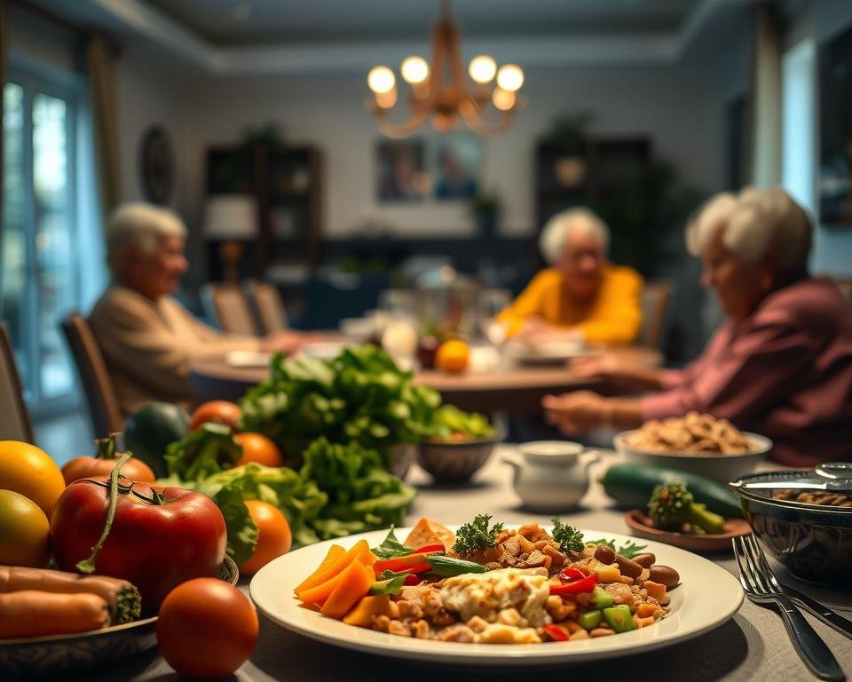 A dimly lit assisted living community dining room, with a table set for an elderly resident's specialized meal. In the foreground, an array of healthy ingredients, including fresh fruits, vegetables, lean proteins, and whole grains. The middle ground features a steaming plate of a balanced, nutrient-dense meal, tailored to the individual's dietary needs. Soft, warm lighting casts a cozy glow, creating an atmosphere of care and attentiveness. The background showcases the community's welcoming environment, with modern furnishings and a sense of comfort. The overall scene conveys the personalized approach to nutrition and meal planning for the elderly residents.