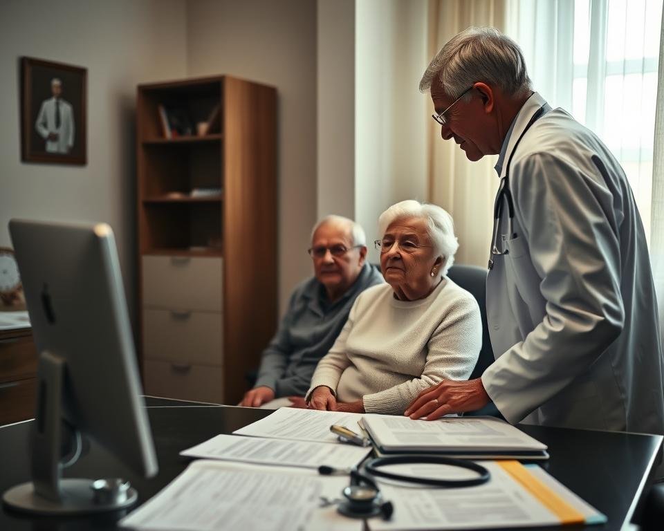 A dimly lit doctor's office, soft light filtering in through the window. In the foreground, a series of medical charts, stethoscopes, and other diagnostic tools meticulously arranged. In the middle ground, an elderly man and woman sitting patiently, their faces filled with anticipation and concern. The doctor, dressed in a crisp white coat, leans forward, explaining the age-specific health screenings they will undergo - from routine check-ups to specialized tests tailored to their needs. The scene conveys a sense of care, professionalism, and the importance of proactive healthcare for those in their golden years.