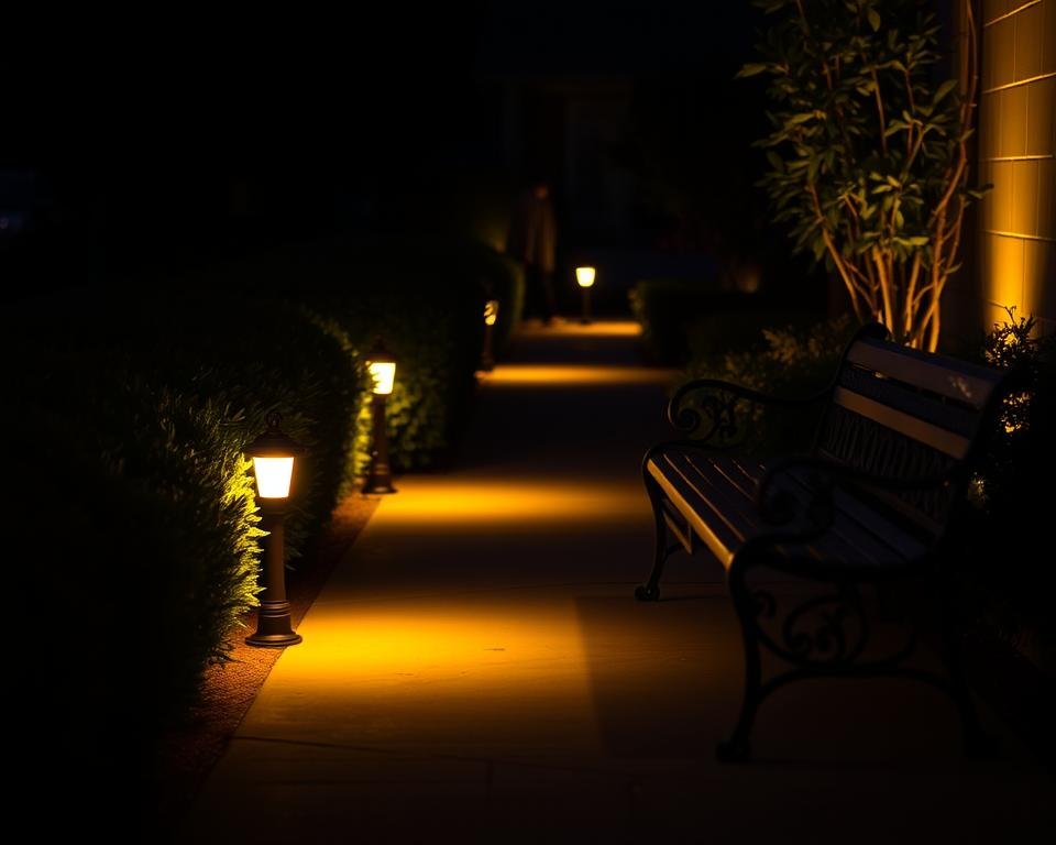 A dimly lit outdoor pathway, softly illuminated by strategically placed path lights. The warm, amber glow creates a welcoming, safe atmosphere, guiding seniors' steps. Lush, manicured greenery lines the path, adding depth and a natural ambiance. The ground is even and free of obstacles, ensuring a smooth, stable walking surface. The lighting is positioned at a comfortable height, casting an even, shadow-free illumination. A wrought-iron or stone bench sits nearby, offering a place to rest. The overall scene conveys a sense of security and accessibility, making the outdoor space inviting and easy to navigate for older residents.