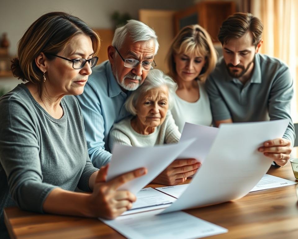 A family gathered around a kitchen table, carefully reviewing financial documents and discussing options for their elderly parent's care. Soft, warm lighting illuminates their faces, conveying a sense of thoughtful consideration. In the foreground, an adult child gestures emphatically, while their parent listens intently. Midground, other family members lean in, brows furrowed in concentration. The background depicts a cozy, lived-in home, hinting at the emotional investment in this important decision. Composition highlights the collaborative nature of this financial planning process, with each family member playing a vital role.