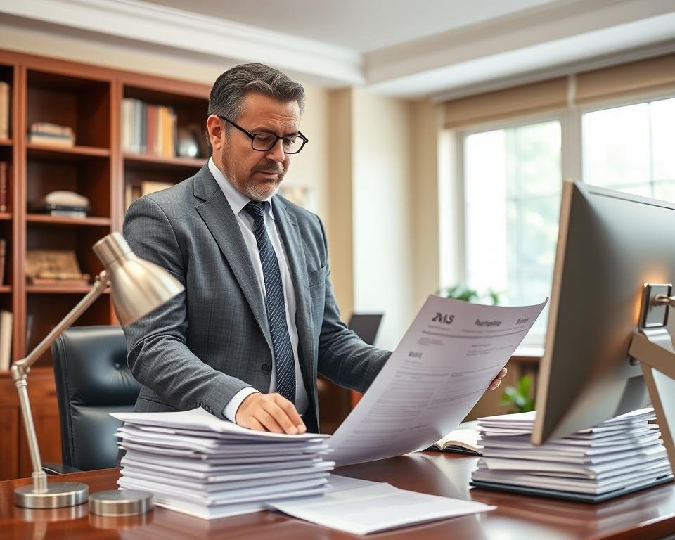 A financial advisor standing at a desk, carefully reviewing tax documents and financial statements. The advisor's expression is thoughtful and focused, reflecting the importance of accurate income reporting for self-employed individuals seeking to maximize their Social Security benefits. The desk is meticulously organized, with a computer, desk lamp, and a stack of neatly arranged papers. The background features a warm, neutral-toned office setting, with bookshelves and a window providing a sense of professionalism and attention to detail. The lighting is soft and natural, creating a calm and authoritative atmosphere. A financial advisor standing at a desk, carefully reviewing tax documents and financial statements. The advisor's expression is thoughtful and focused, reflecting the importance of accurate income reporting for self-employed individuals seeking to maximize their Social Security benefits. The desk is meticulously organized, with a computer, desk lamp, and a stack of neatly arranged papers. The background features a warm, neutral-toned office setting, with bookshelves and a window providing a sense of professionalism and attention to detail. The lighting is soft and natural, creating a calm and authoritative atmosphere.