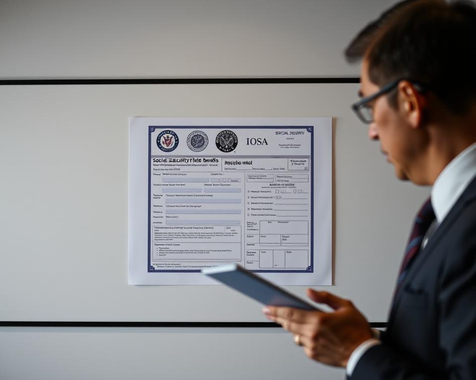 A formal, government-issued document centered in the frame, surrounded by a neutral background with subtle gradients and ambient lighting. The document features official seals, logos, and fields typical of a social security benefits application. To the side, a smartly dressed person reviews the document, conveying a sense of thoughtful consideration. The scene exudes an air of authority, professionalism, and administrative efficiency, reflecting the gravity and importance of the application process. A formal, government-issued document centered in the frame, surrounded by a neutral background with subtle gradients and ambient lighting. The document features official seals, logos, and fields typical of a social security benefits application. To the side, a smartly dressed person reviews the document, conveying a sense of thoughtful consideration. The scene exudes an air of authority, professionalism, and administrative efficiency, reflecting the gravity and importance of the application process.