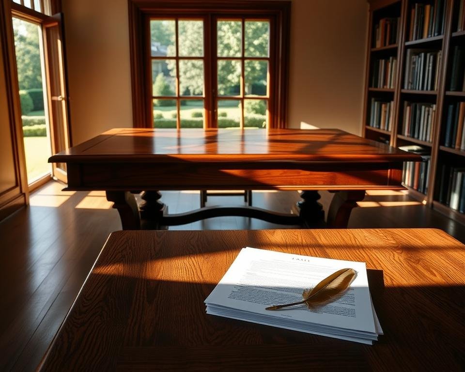 A grand oak table, its intricate woodwork casting warm shadows, stands before a window overlooking a manicured estate. Beside it, a stack of legal documents and a quill pen, signifying the solemn process of estate planning. The room is bathed in soft, natural light, creating a serene and contemplative atmosphere. Bookshelves line the walls, suggesting a wealth of knowledge and wisdom. In the distance, a lush garden can be seen, hinting at the broader context of the estate. The overall scene conveys the gravity and importance of trust-based estate planning for senior housing.