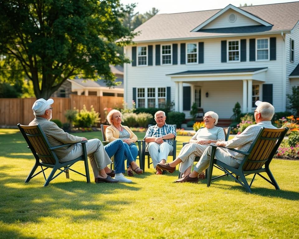 A group of retirees in their 60s and 70s enjoying a sunny afternoon on a well-manicured lawn, surrounded by a modern, two-story house with a well-maintained exterior. The retirees are seated on comfortable garden chairs, engaged in a lively conversation, with a cozy atmosphere conveyed through soft, warm lighting and a sense of tranquility. In the background, a neatly landscaped garden with lush greenery and colorful flowers adds to the peaceful, idyllic setting, hinting at the financial security and contentment these retirees have found through their real estate investments.