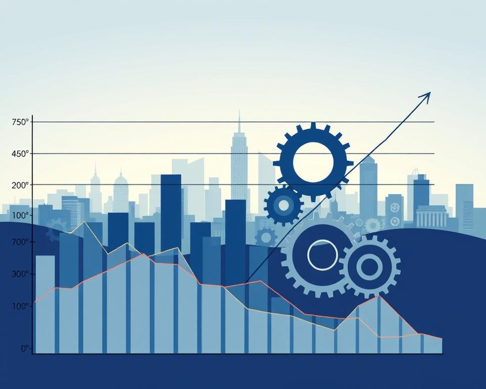 A high-contrast, graphical illustration depicting the income thresholds that impact taxation on social security benefits. In the foreground, a series of overlapping bar charts and line graphs illustrate the gradual increase in tax liability as income rises. The middle ground features a set of gears, cogs, and mechanical elements, symbolizing the optimization and adjustment of financial strategies. In the background, a softly-lit cityscape or financial district skyline provides a contextual backdrop. The overall mood is one of analytical precision and financial optimization, with clean lines, modern typography, and a restrained color palette of blues, grays, and metallic accents.