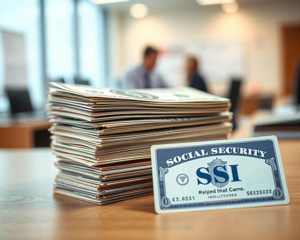 A large stack of dollar bills representing Supplemental Security Income (SSI) payments, with a social security card in the foreground. The background is a blurred office setting, hinting at the bureaucratic nature of the system. The lighting is soft and warm, creating a sense of security and stability. The angle is slightly elevated, giving the viewer a birds-eye perspective on the financial and administrative aspects of SSI. The overall mood is one of thoughtful contemplation, inviting the viewer to consider the nuances and purpose of this social welfare program. A large stack of dollar bills representing Supplemental Security Income (SSI) payments, with a social security card in the foreground. The background is a blurred office setting, hinting at the bureaucratic nature of the system. The lighting is soft and warm, creating a sense of security and stability. The angle is slightly elevated, giving the viewer a birds-eye perspective on the financial and administrative aspects of SSI. The overall mood is one of thoughtful contemplation, inviting the viewer to consider the nuances and purpose of this social welfare program.