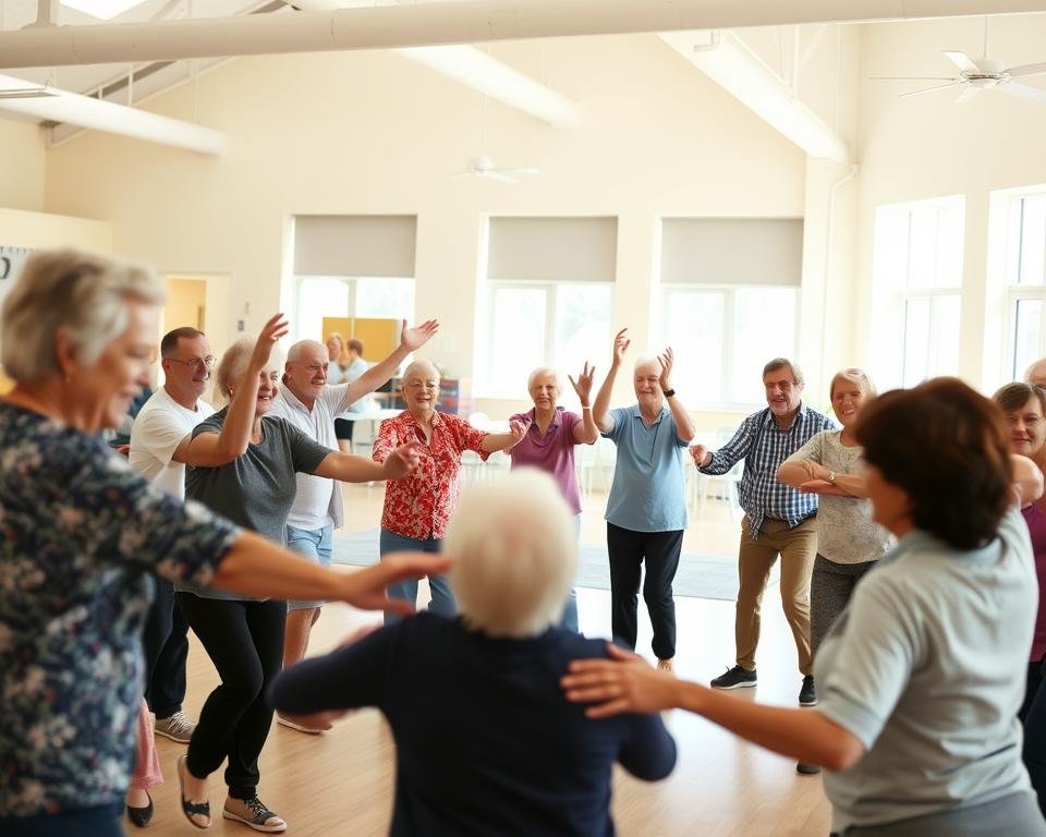 A lively community center filled with a group of active older adults engaged in a dynamic senior exercise class. The foreground features a circle of seniors energetically performing various low-impact movements and stretches, their faces beaming with enthusiasm. The middle ground showcases an airy, well-lit space with windows allowing natural light to pour in, creating a warm, welcoming atmosphere. In the background, glimpses of other activity areas and social spaces can be seen, hinting at the vibrant community life. The scene conveys a sense of camaraderie, physical well-being, and the joys of staying active and engaged in a supportive environment.