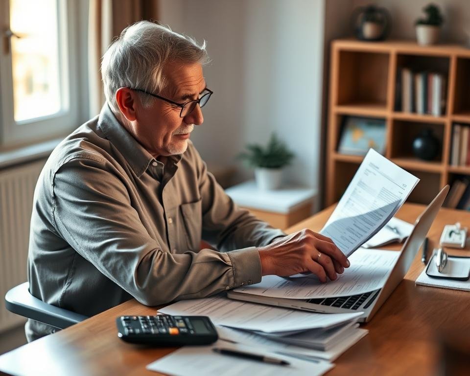 A mature adult sitting at a desk, reviewing financial statements and documents, with a contemplative expression. The desk is neatly organized, with a laptop, calculator, and various papers spread out. Warm, natural lighting filters through a window, casting a soft glow on the scene. The background is slightly blurred, suggesting a home office or study. The overall mood is one of focused consideration, as the person carefully assesses their financial situation for retirement planning. A mature adult sitting at a desk, reviewing financial statements and documents, with a contemplative expression. The desk is neatly organized, with a laptop, calculator, and various papers spread out. Warm, natural lighting filters through a window, casting a soft glow on the scene. The background is slightly blurred, suggesting a home office or study. The overall mood is one of focused consideration, as the person carefully assesses their financial situation for retirement planning.