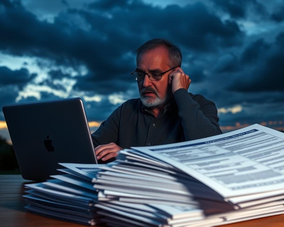 A middle-aged person anxiously checking their retirement account balance on a laptop, with a gloomy backdrop of dark clouds and a waning sunset. The scene is lit by a cold, bluish-tinted light, casting long shadows and highlighting the individual's worried expression. In the foreground, a stack of documents representing social security forms and financial paperwork is visible, hinting at the complexities and risks involved in claiming benefits early. The overall atmosphere conveys a sense of uncertainty and the potential consequences of hasty financial decisions.