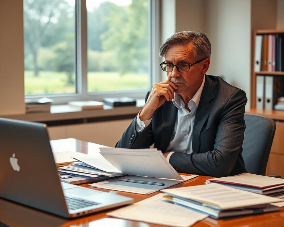 A middle-aged person, dressed in a smart casual attire, sits at a desk, their brow furrowed in contemplation. They are surrounded by documents, folders, and a laptop, symbolizing the complex task of navigating the social security system post-divorce. The office setting is well-lit, with warm tones and a sense of professionalism, conveying the seriousness of the subject matter. In the background, a window offers a glimpse of a serene, park-like landscape, providing a subtle hint of hope and resilience in the face of this challenging life transition.