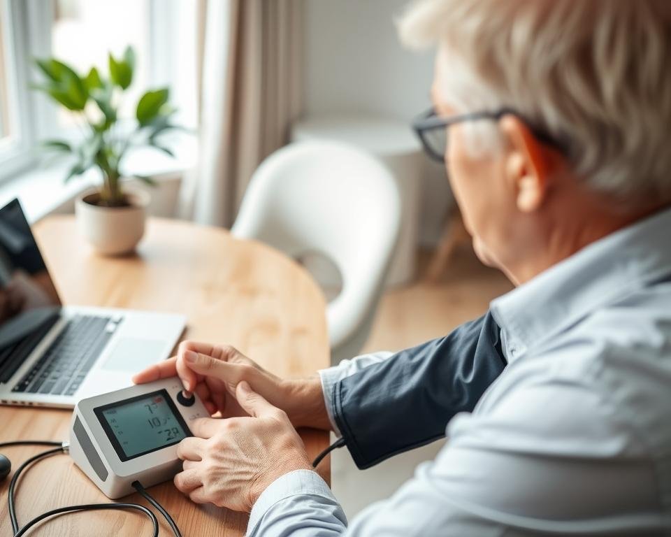 A middle-aged person sitting at a desk, intently focused on a digital blood pressure monitor display. The foreground features the monitor, its screen clearly showing the current reading. The person's hands are gently holding the device, conveying a sense of care and attention. The middle ground depicts a clean, well-lit home office setting, with a wooden desk, a laptop, and a potted plant nearby. The background suggests a comfortable, peaceful home environment, with soft, natural lighting filtering in through a window. The overall mood is one of concentration, personal responsibility, and the importance of maintaining good health through regular self-monitoring.