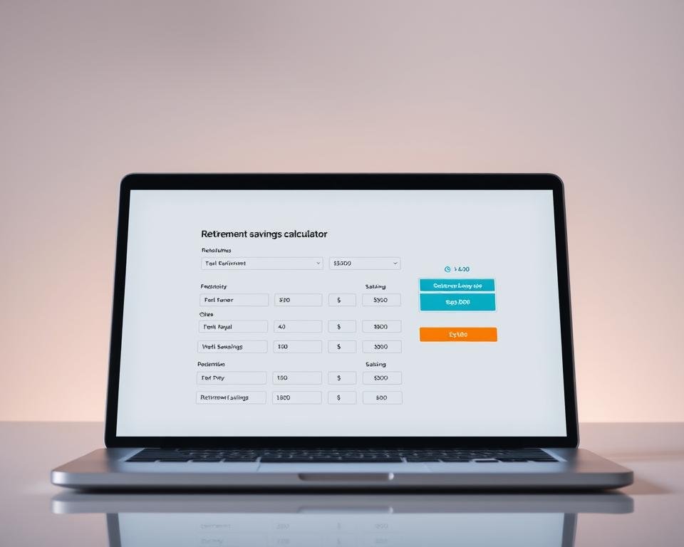 A modern, clean, and well-organized retirement savings calculator interface displayed on a sleek, silver laptop or tablet. The calculator features clear labels, intuitive input fields, and a visually appealing layout that guides the user through the process of estimating their retirement savings. The background is a soft, neutral gradient, allowing the calculator to be the focal point. Ambient lighting creates a calm, professional atmosphere, with subtle reflections on the device's surface. The overall impression is one of a practical, user-friendly tool that empowers individuals to plan for their financial future. A modern, clean, and well-organized retirement savings calculator interface displayed on a sleek, silver laptop or tablet. The calculator features clear labels, intuitive input fields, and a visually appealing layout that guides the user through the process of estimating their retirement savings. The background is a soft, neutral gradient, allowing the calculator to be the focal point. Ambient lighting creates a calm, professional atmosphere, with subtle reflections on the device's surface. The overall impression is one of a practical, user-friendly tool that empowers individuals to plan for their financial future.