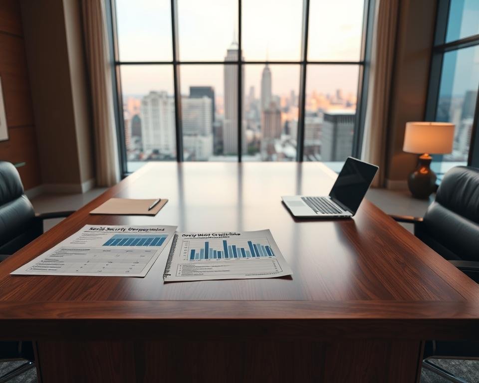 A modern, elegant office interior with a large, wooden desk taking center stage. On the desk, official-looking documents and a laptop display statistical graphics and charts related to social security overpayment guidelines. Warm, soft lighting illuminates the scene, creating a professional and authoritative atmosphere. The background features floor-to-ceiling windows overlooking a cityscape, suggesting an official government or financial institution setting. The composition emphasizes the importance and seriousness of the subject matter.